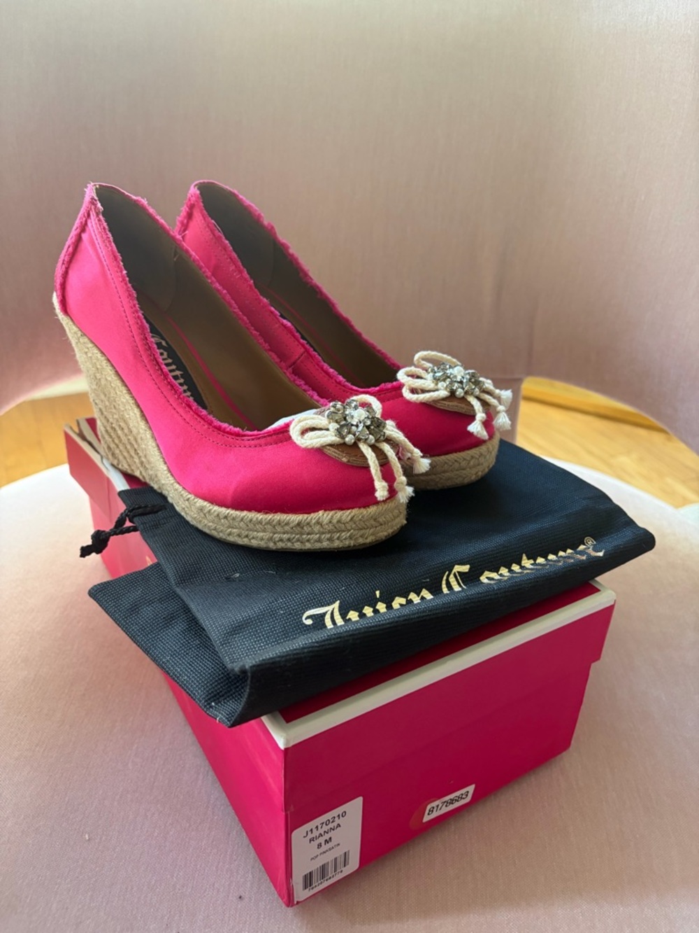 Juicy Couture Riana Pop Pink Satin Embellished Platform Wedge Heels